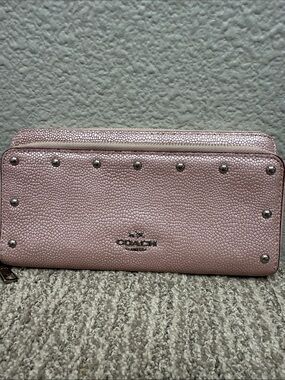 Coach Blush Pebbled Leather Double Zip Wallet with Silver Studs